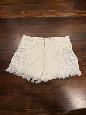 Sister Fashion Denim Shorts Size 29 White Rhinestone Fringed